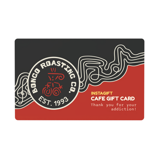A rectangular Bingo Roasting Co. gift card with a black and red design, featuring the circular 'Bingo Roasting Co.