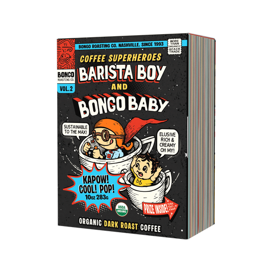 Coffee packaging with cartoon characters and text on a black background