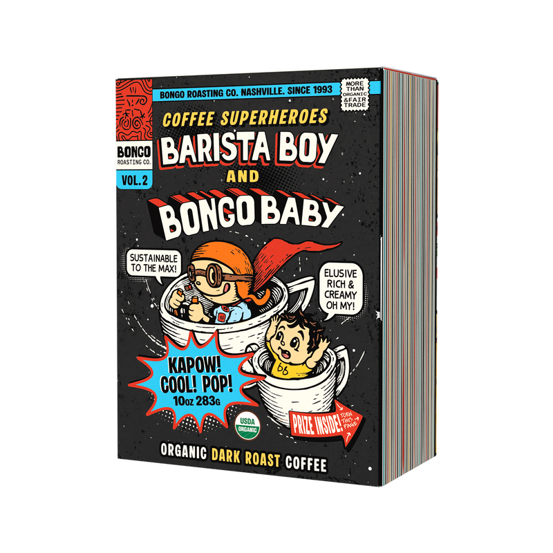 Coffee packaging with cartoon characters and text on a black background