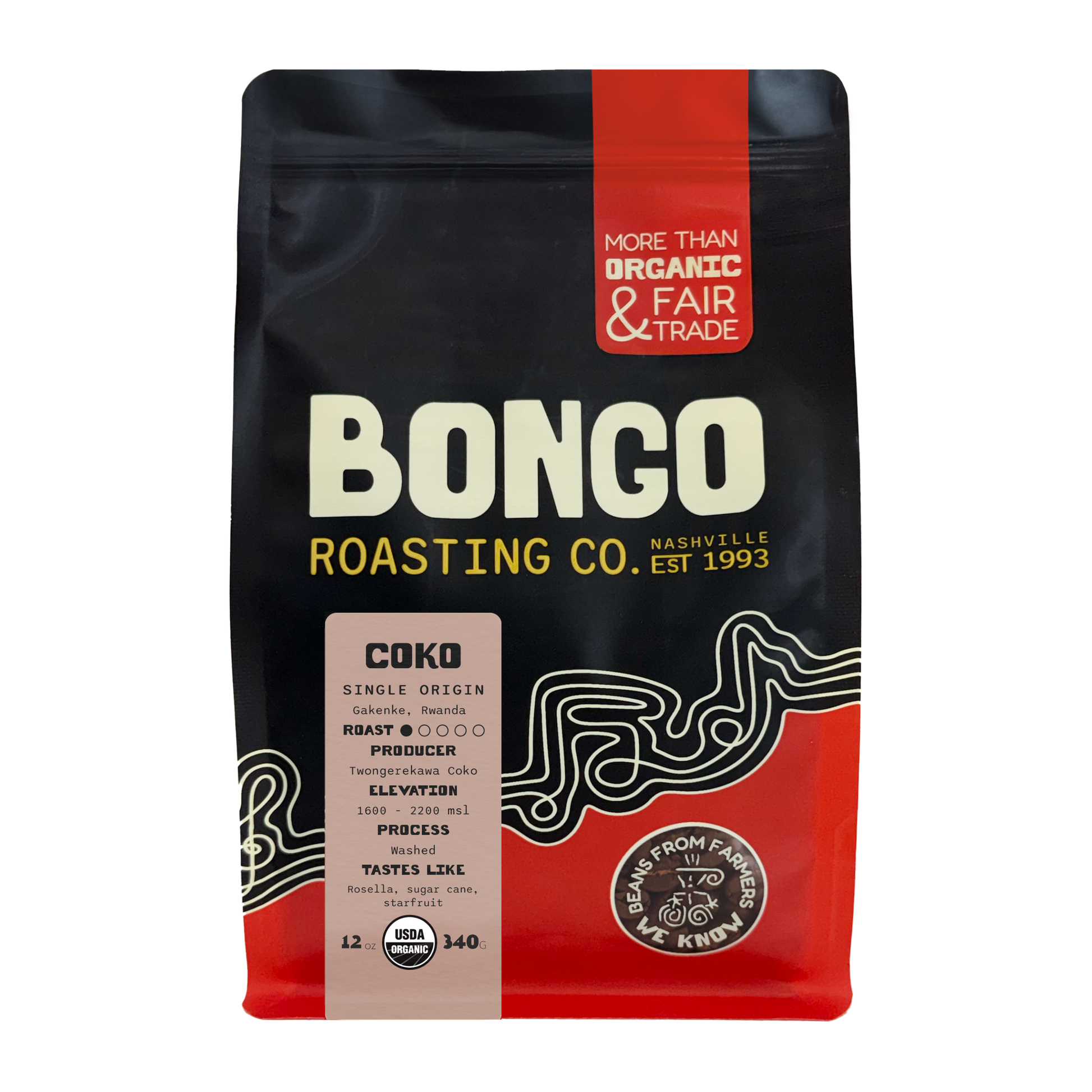 A 12 oz bag of Bongo Roasting Co. Coko single origin coffee, featuring a black and red package design with white and yellow text.
