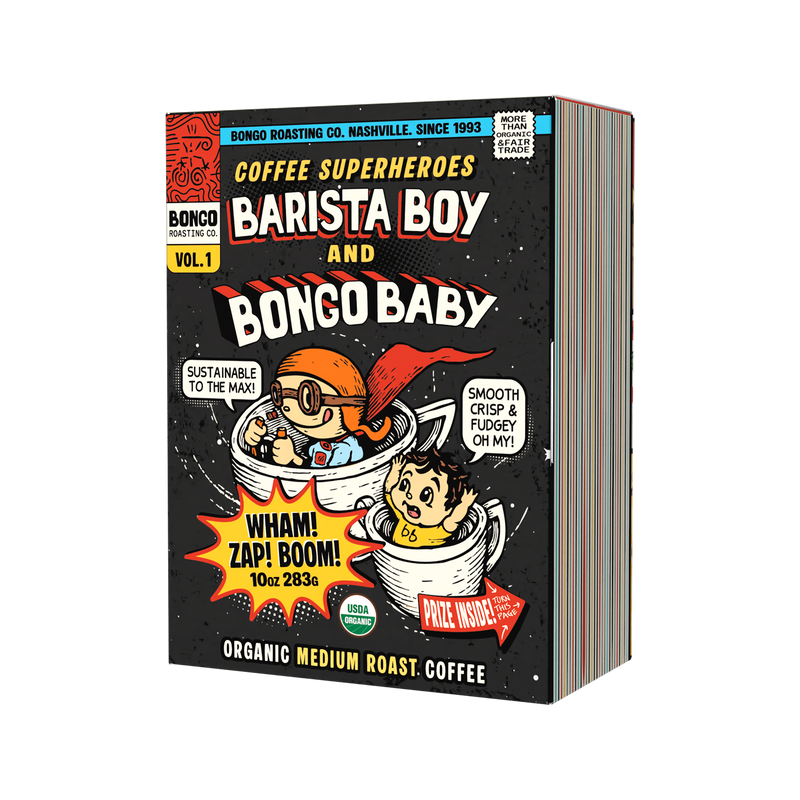 Coffee packaging with cartoon characters and text on a black background