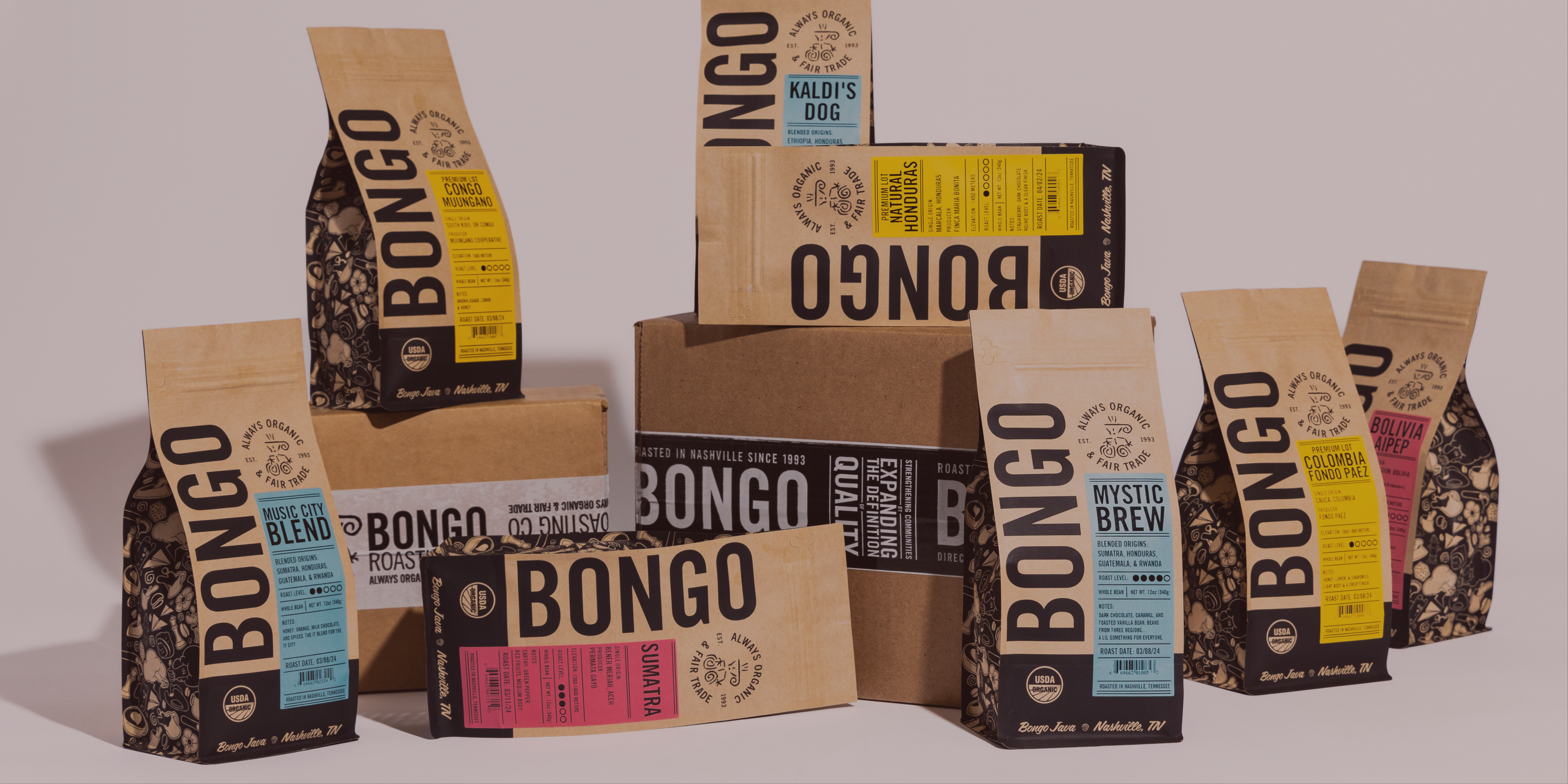 Collection of Bongo coffee packaging on a white background