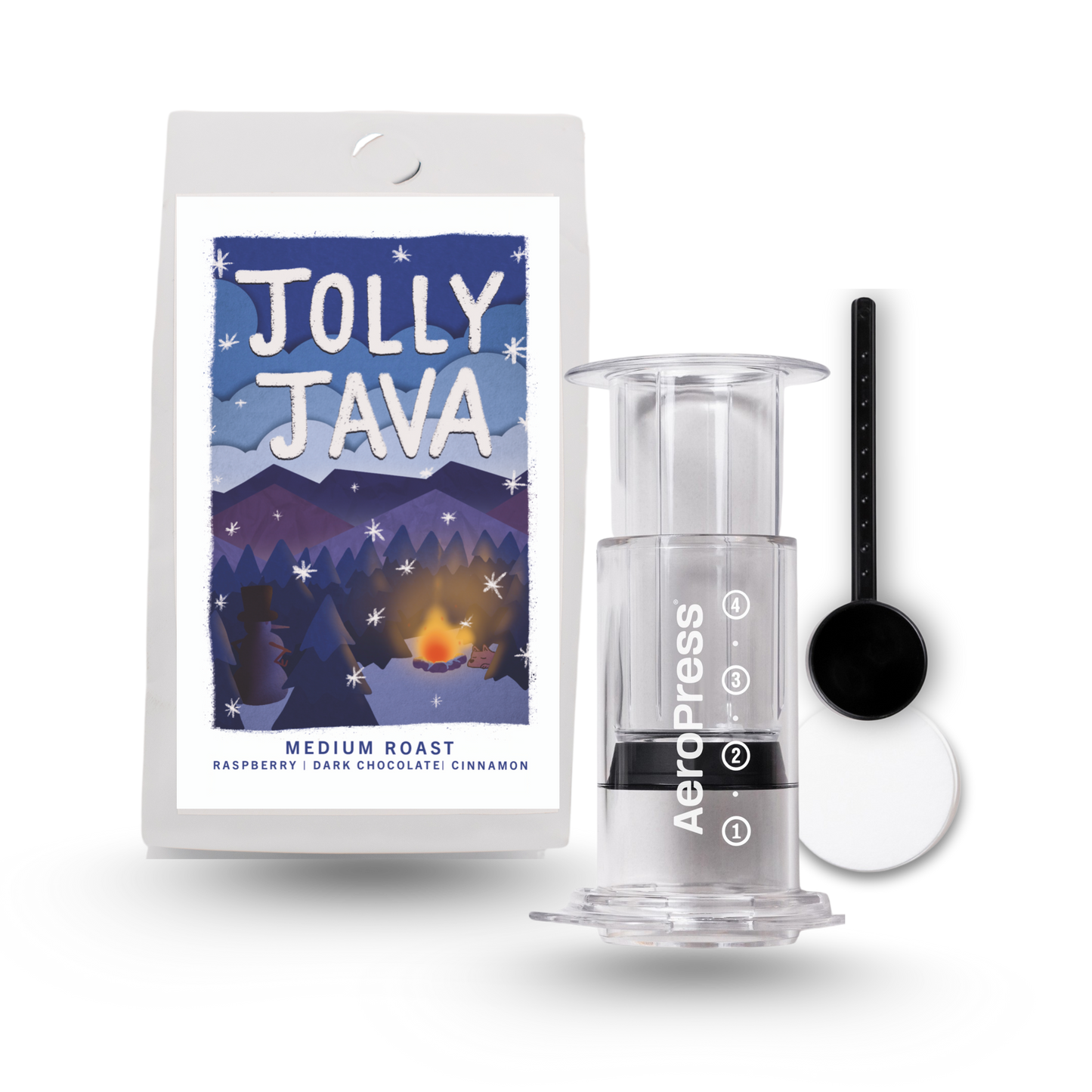 12oz Bag of Jolly Java Coffee alongside and Aeropress brewer, spoon and filters.